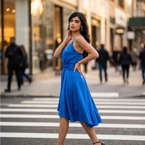 Blue V-Neck Satin Midi Dress - Women